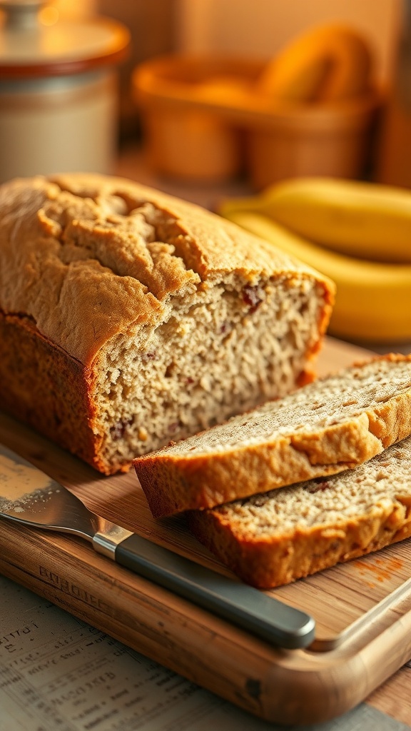 A golden-brown loaf of banana bread sliced on a cutting board with ripe bananas beside it.